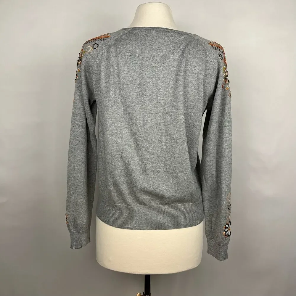 SUNDANCE‎ | Gray Beaded Embroidered Button Up Boho Cotton Cardigan | Women's M